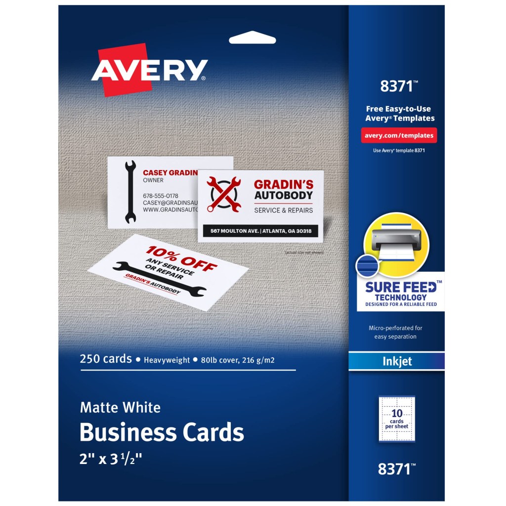printing business cards avery 5371 - Avery , x , cm Visitenkarten, Sure Feed Technologie, für  Tintenstrahldrucker, 20 Karten (37), Weiß