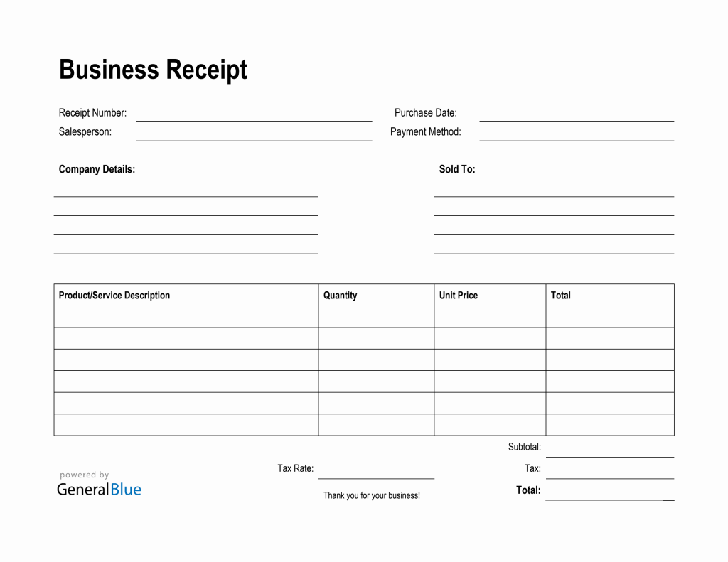 print business tax receipt - Printable Business Receipt Template in Word